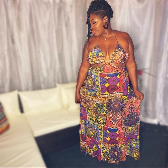 Multicolor pattern mesh bikini ruffled maxi dress plus size
